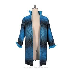 Grace Chuang Duster Jacket L Blue Black Satin Artsy Cardign Topper Stripe Open